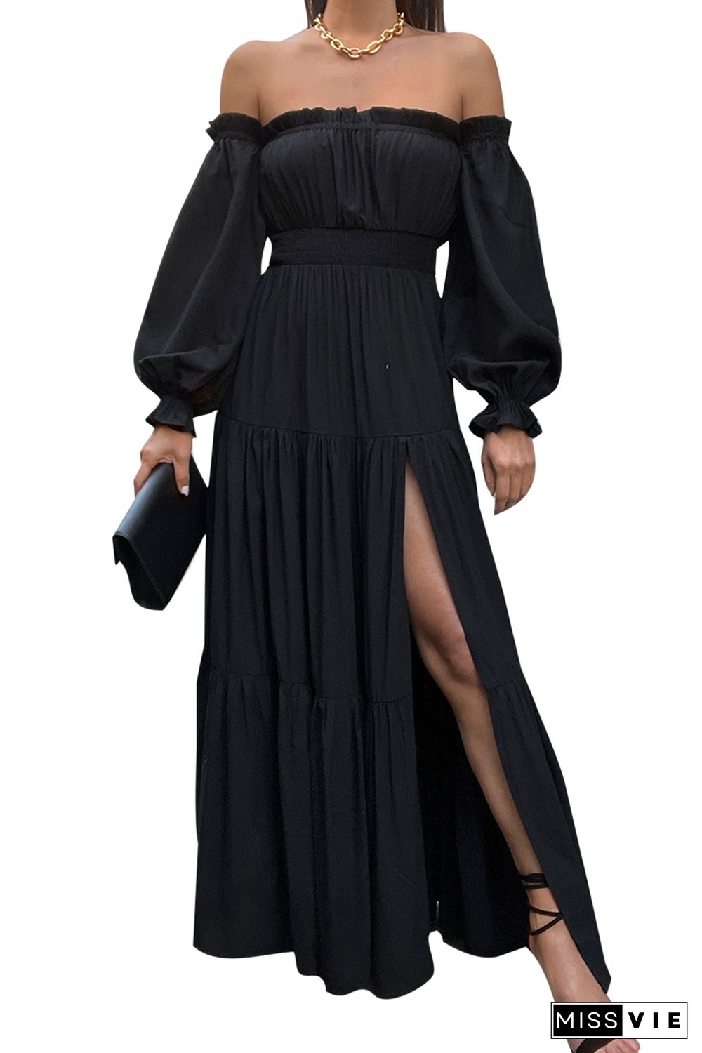 Black Frilled Off-the-shoulder Puff Sleeve Pleated Maxi Dress with Slit