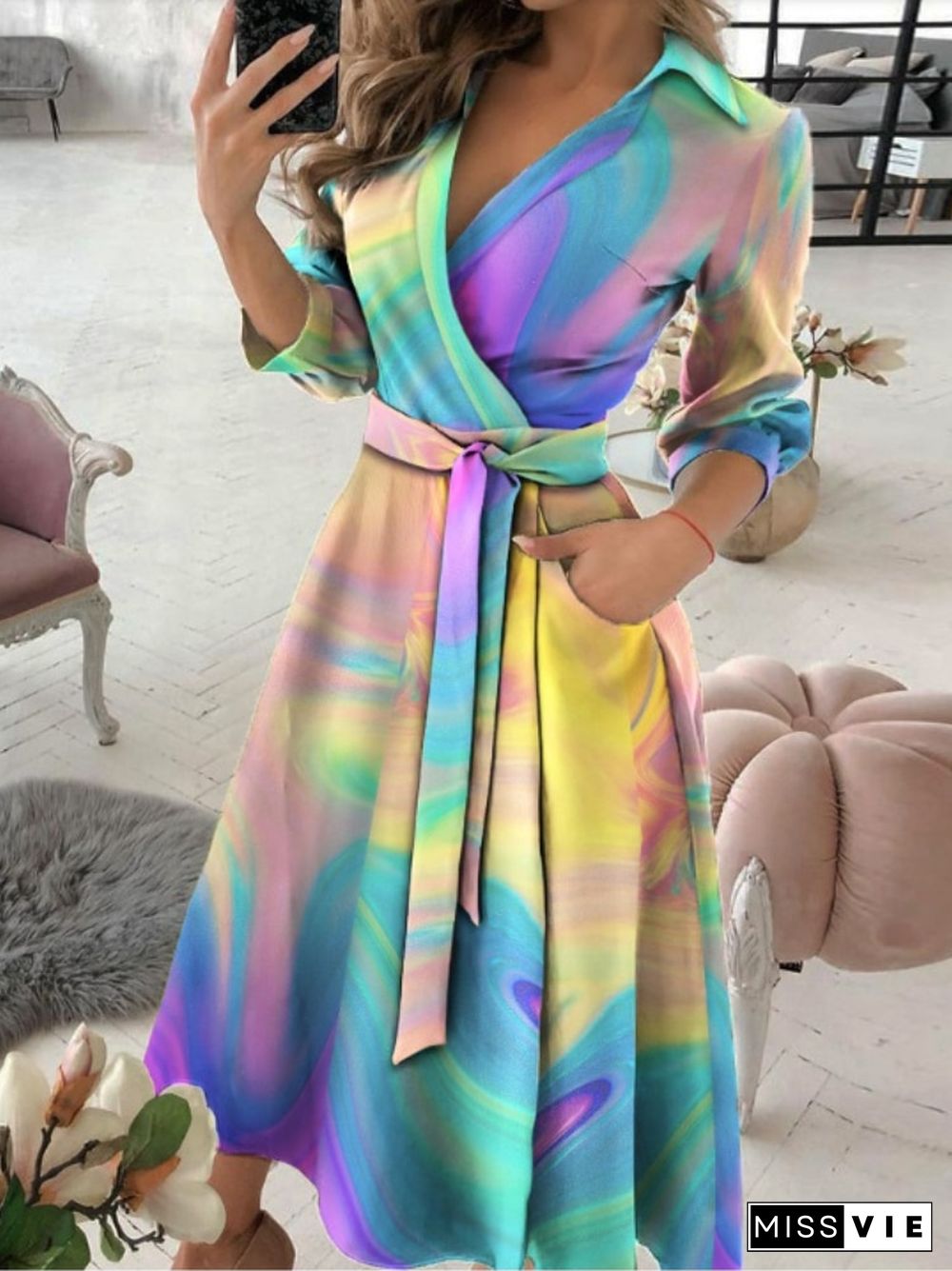 New Spring And Summer Fashion Long Sleeve V-neck Printed Dress Lace Up Tie Dyed Dress Sashes Office Lady Dresses For Women