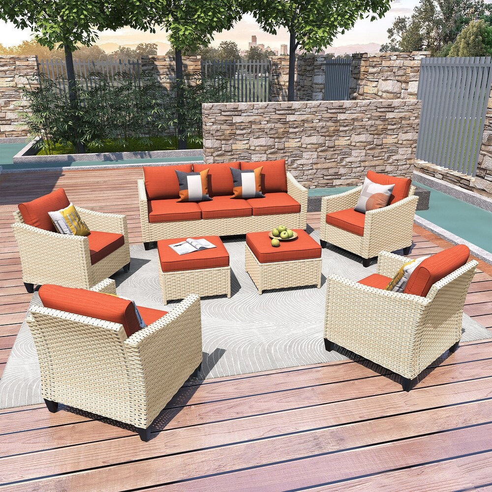 HOOOWOOO Outdoor Patio Furniture 7 piece Rattan Curved Backrest Seating Set