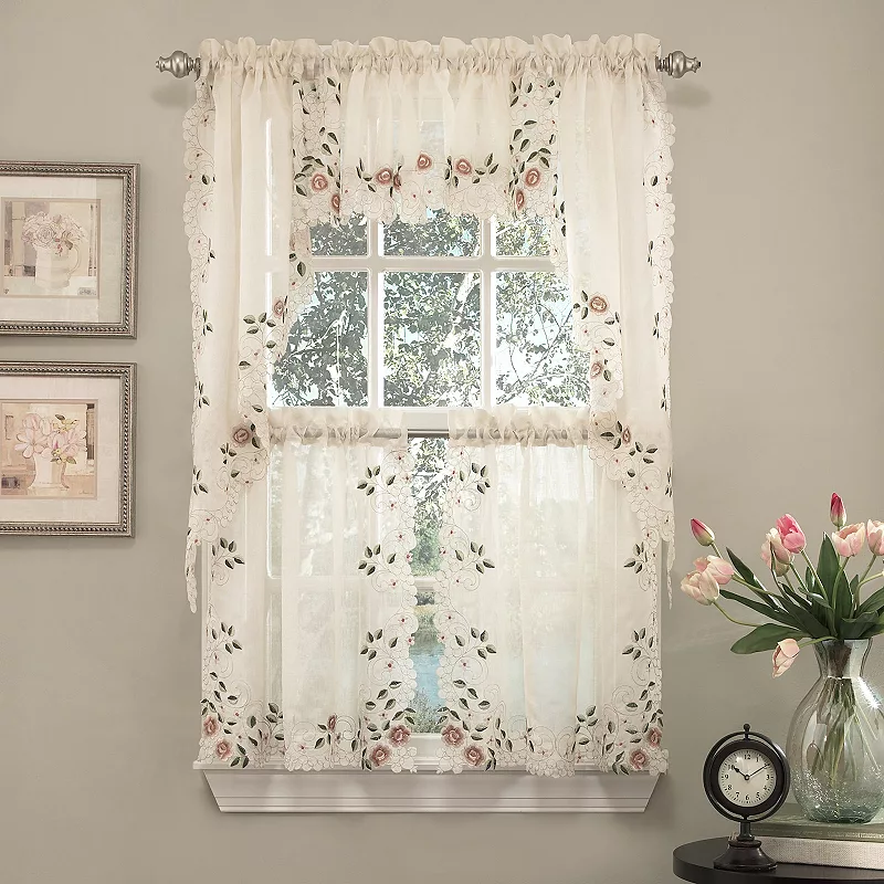 Sweet Home Rosemary Floral Embroidered Semi-Sheer Kitchen Tier and Swag Valance Set