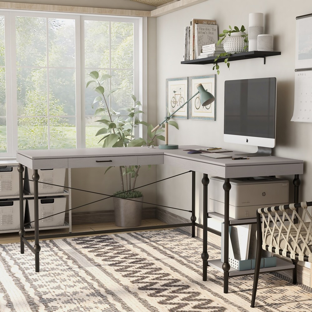 Haley Farmhouse 59 inch Metal L Shaped Computer Desk with USBs by Furniture of America