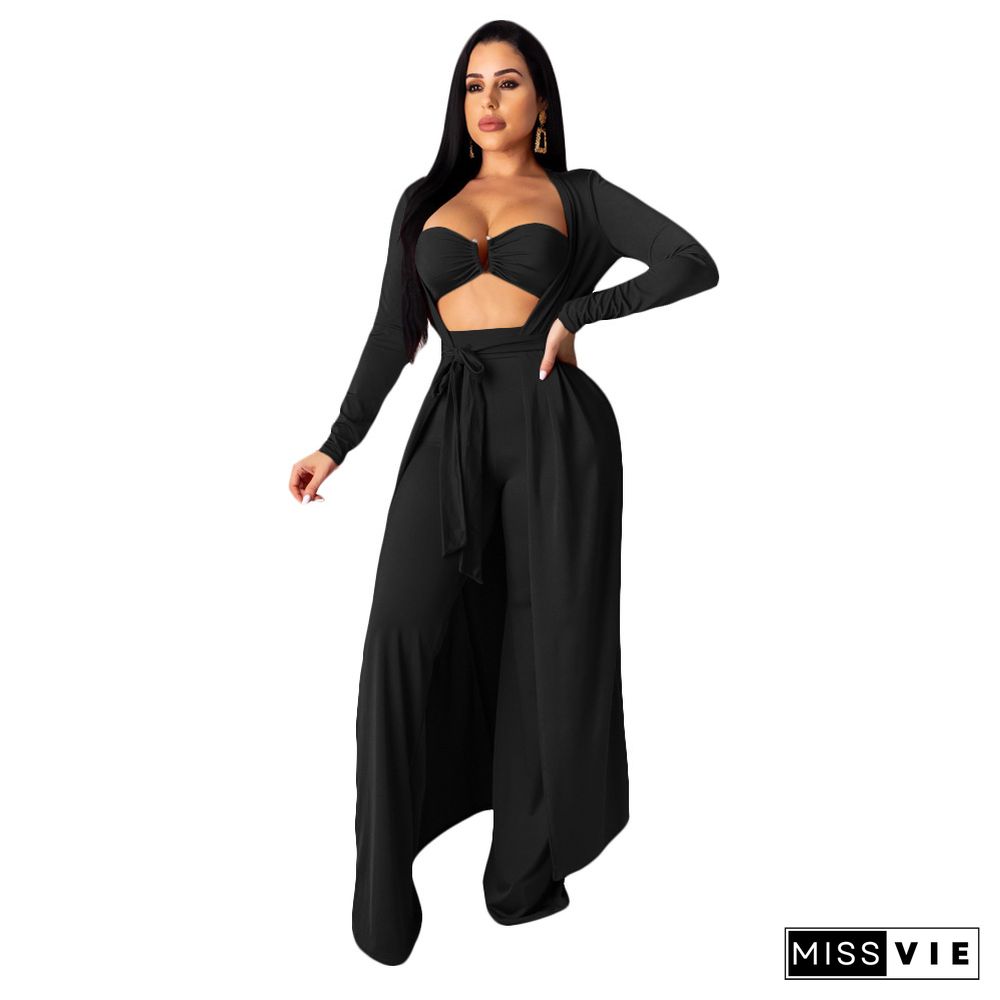 Crop Bra Top Wide Leg Pants Long Cardigan Set