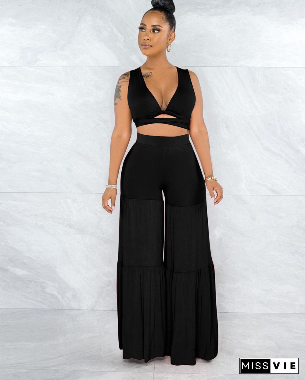 Sexy Bundled Pleated Wide-Leg Pants Two-Piece Suit