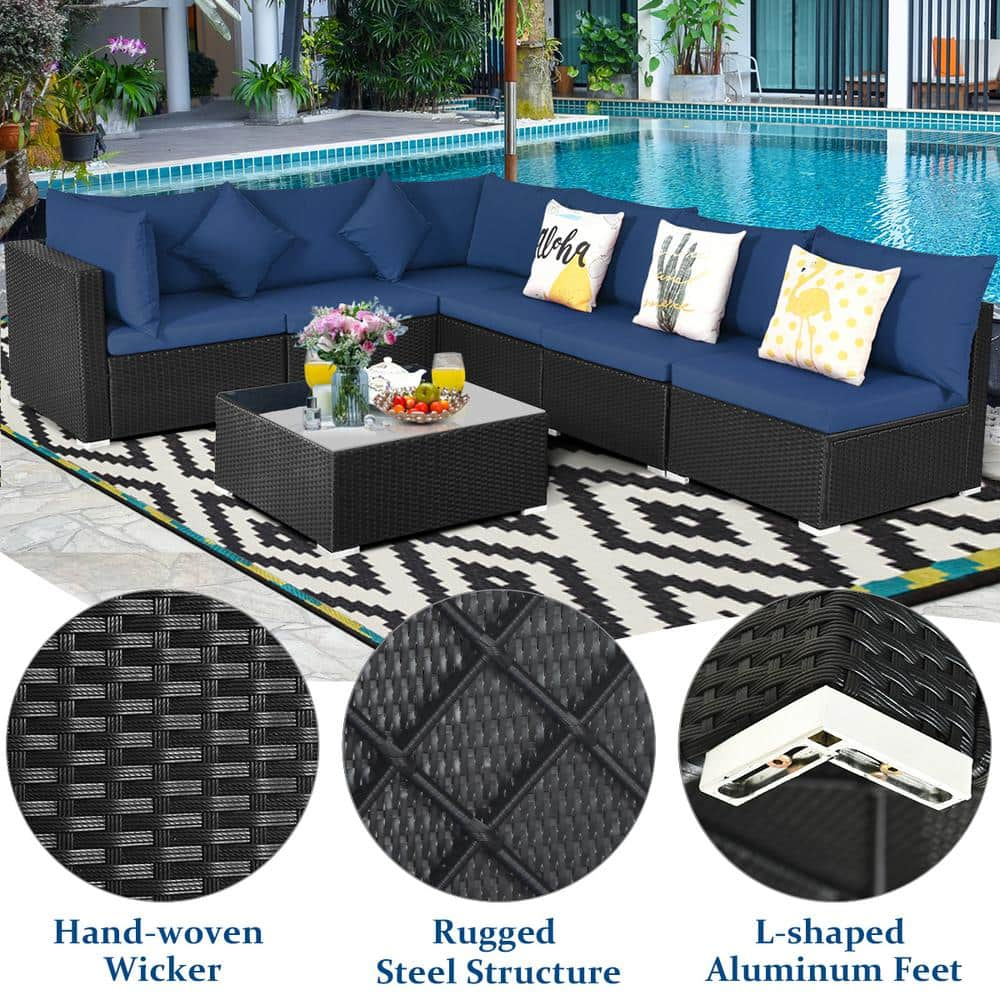 Costway 7-Piece Wicker Outdoor Sectional Set with Cushion Navy HW64273NY+