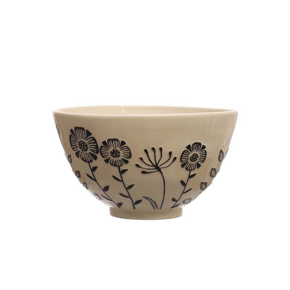 Hand Painted Stoneware Serving Bowl with Embossed Flowers   12.3\