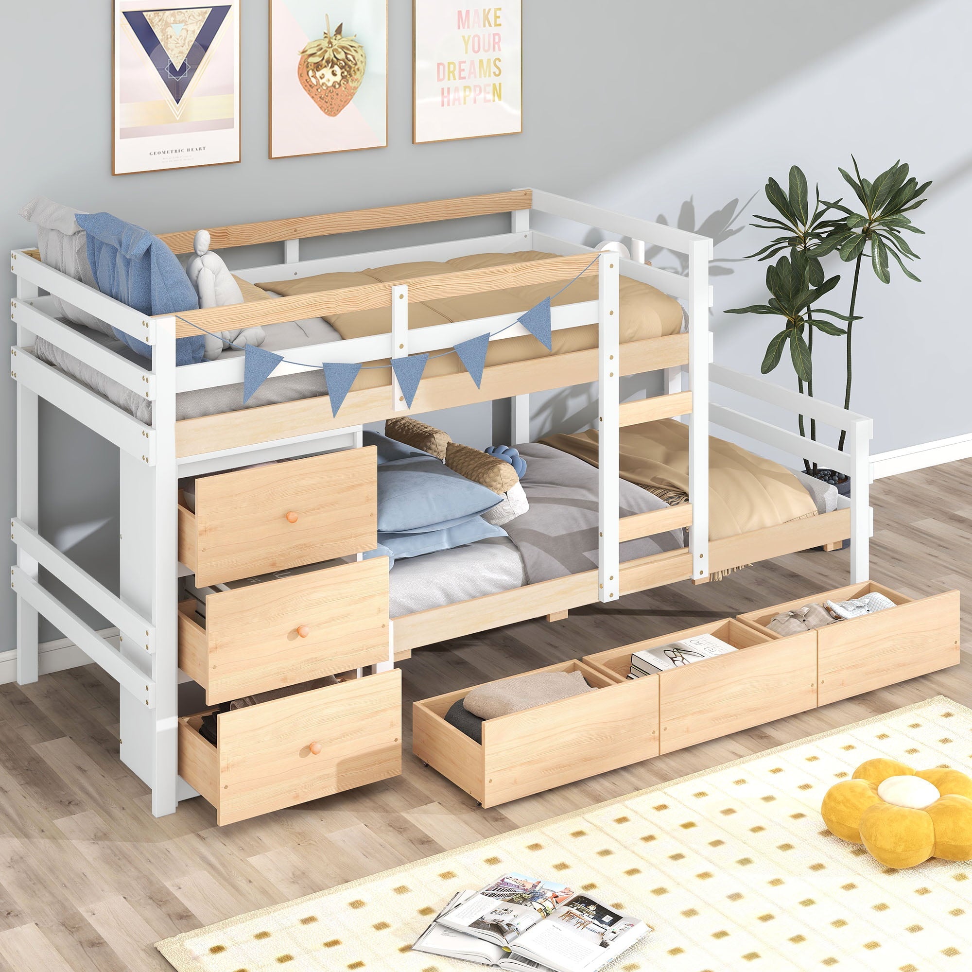 Twin over Twin Bunk Bed with Six Drawers for Kids Room, Natural