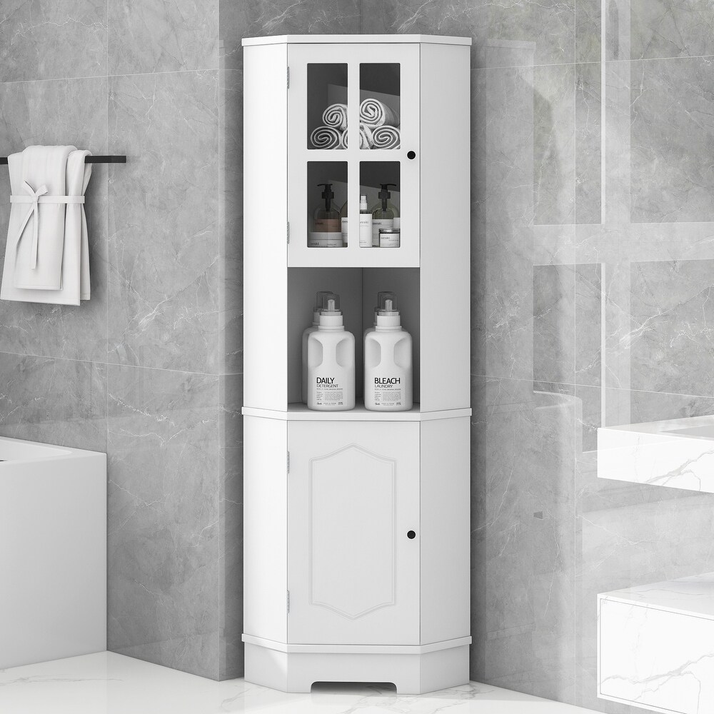 Tall Bathroom Storage Cabinet  Corner Cabinet with Glass Door