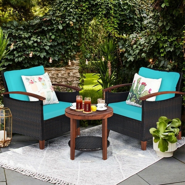 3Piece Patio Rattan Furniture Set with Solid Wood Frame