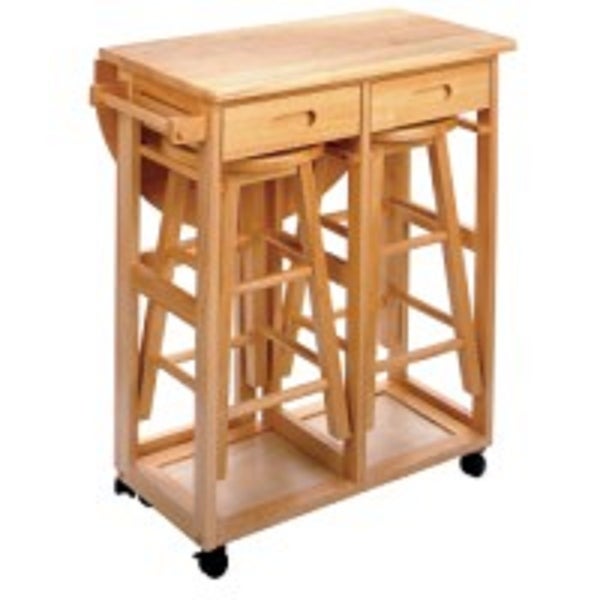 3 Beige Space Saver Drop Leaf Table with Two Round Stools 32.75