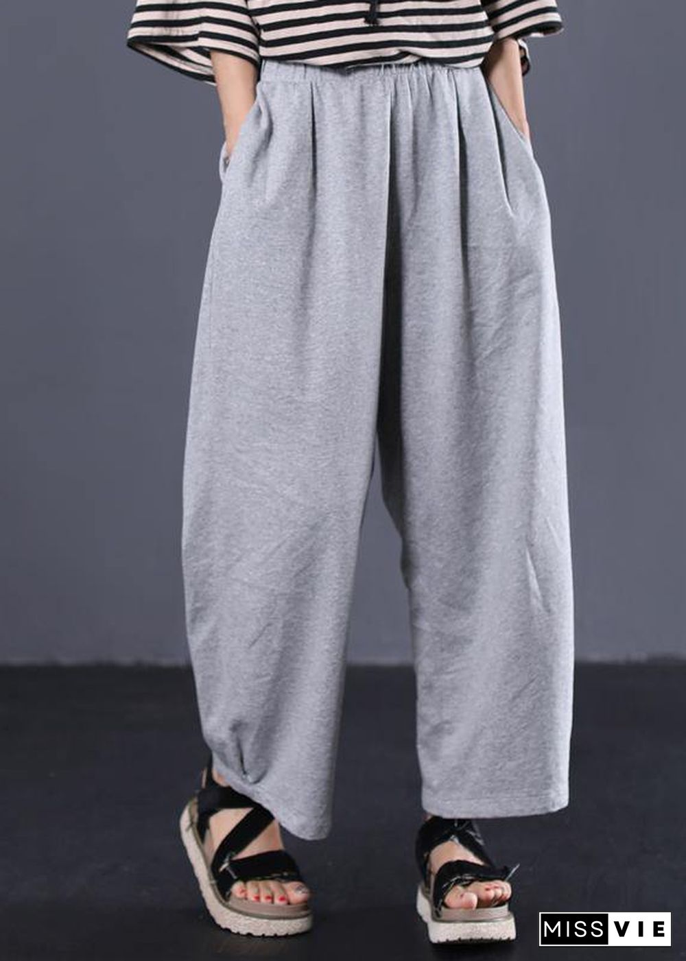 women cotton solid color casual pants elastic waist gray wide leg pants