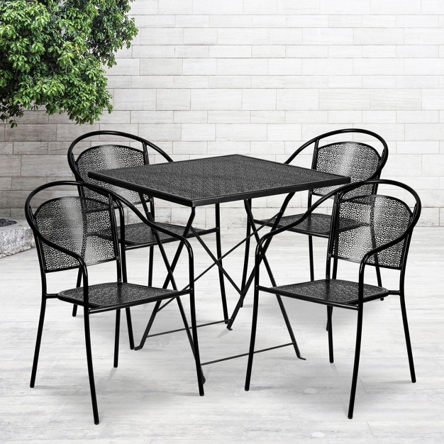 Square Indoor outdoor Steel Folding Patio Table Set With 4 Round Back Chairs