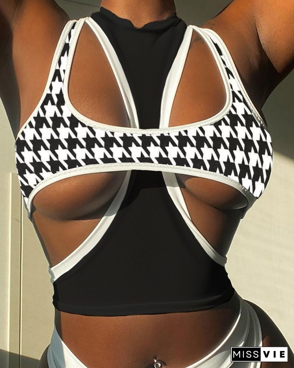 Houndstooth Print Cutout Tank Top