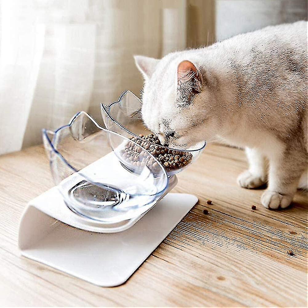 15elevated Cat Food Bowls With Silicone Pet Mat， Double Raised Cat Transparent Plastic Bowl With Stand， Stress-free Suit Compatible With Cats And Smal