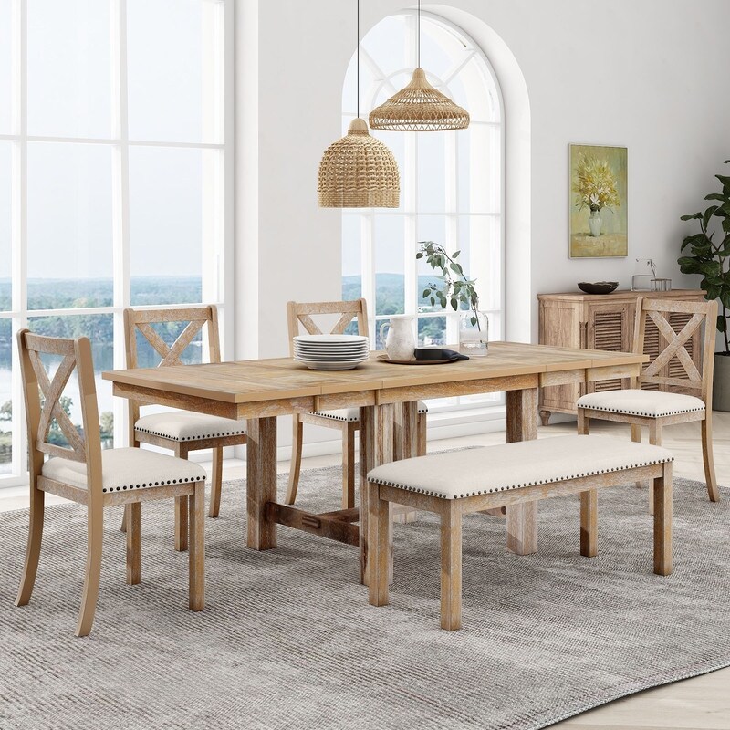 Farmhouse 6 Piece Extendable Dining Table with Footrest  4 Upholstered Dining Chairs and Dining Bench  Two 11\