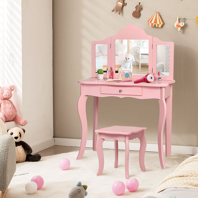 Kids Makeup Dressing Mirror Vanity Table Stool Set