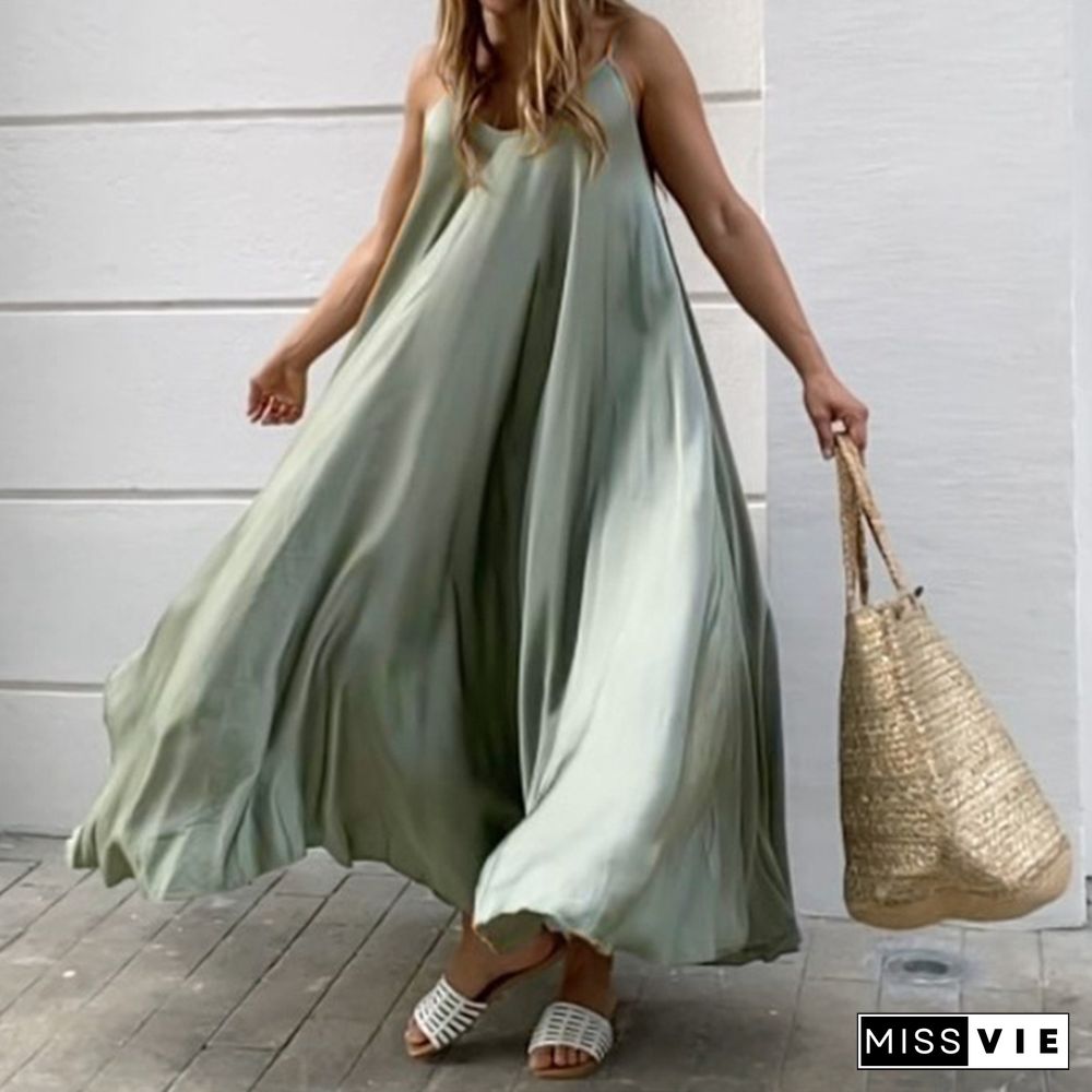 NEW Fashion Ladies Sleeveless Plain Summer Long Strap Dress Flowy A-Line Maxi Halter Dress Big Swing Loose Beach Holiday Tank Dress Sundress