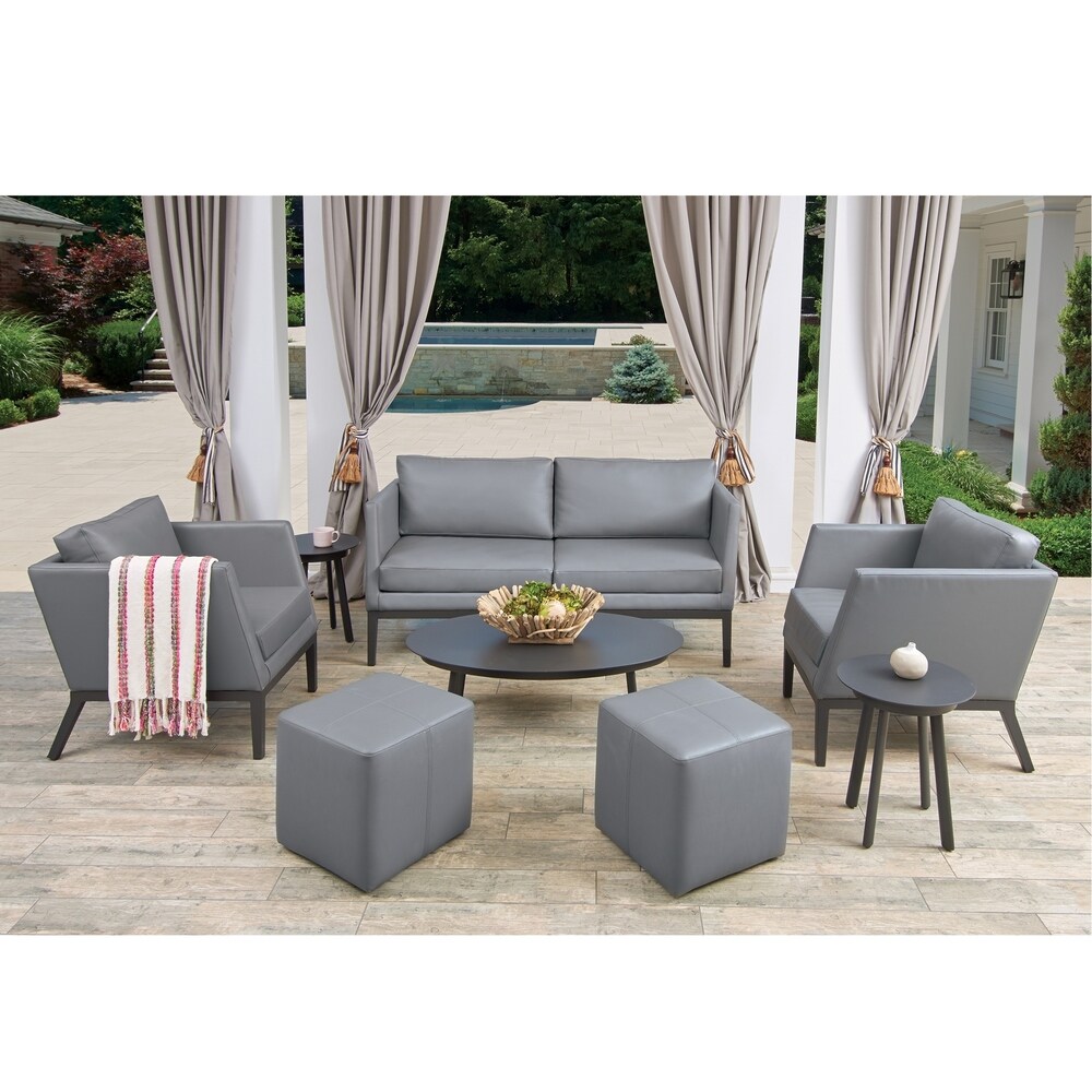 Oxford Garden Salino 8 piece Nickel Nauticau Synthetic Leather Sofa  Club Chairs  Ottoman Poufs  and Eiland Tables Chat Set