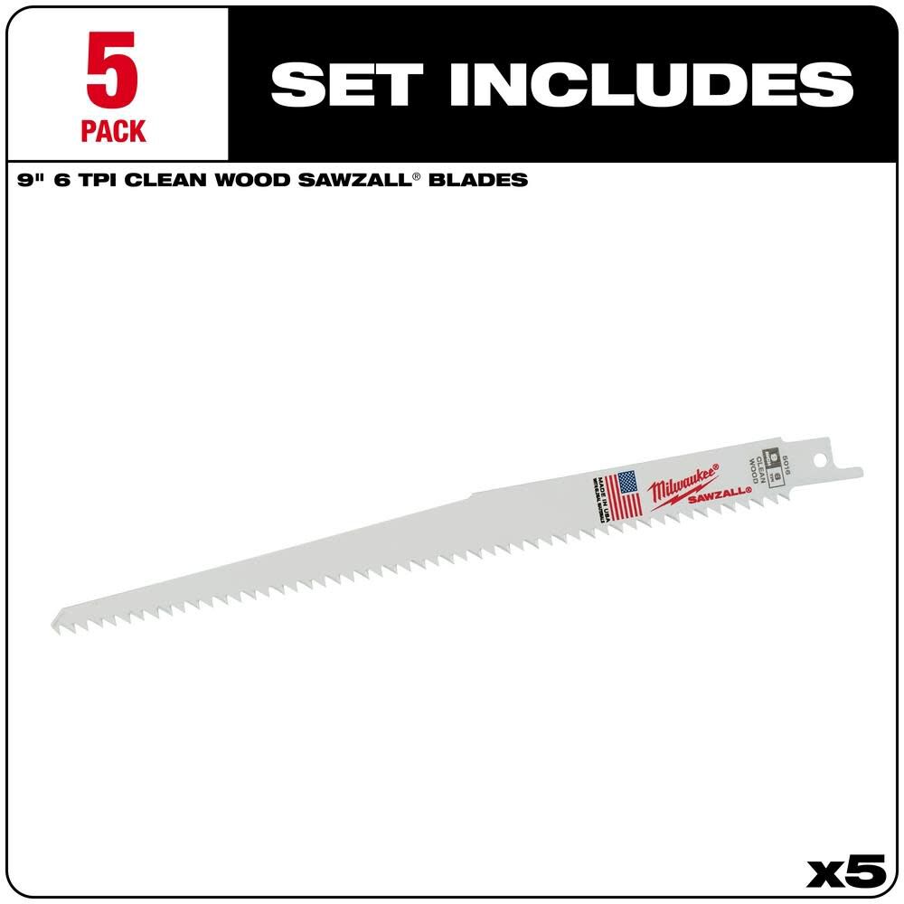 Milwaukee 9 in. 6 TPI Fleam Ground SAWZALL Blades 5PK 48-00-5016 from Milwaukee