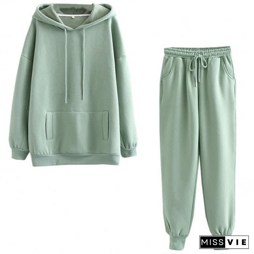 Casual Pure Color Draw String Hoodie Pants Set