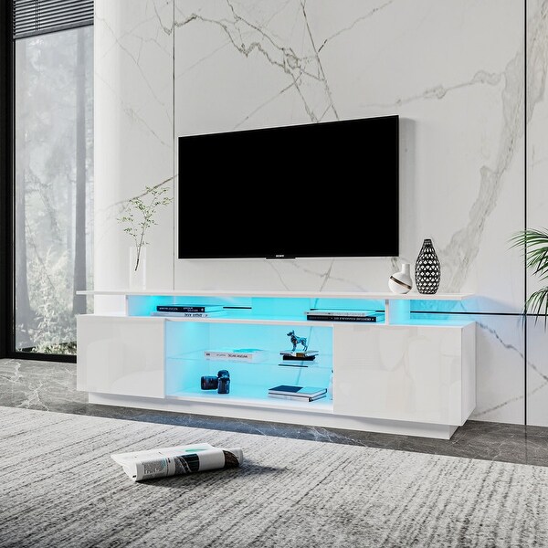 70''L Modern 2 Door TV Stand Media Console with Glass Shelf for Living Room Bedroom