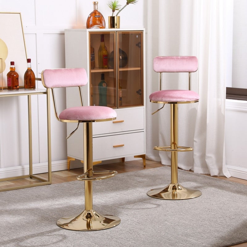 Velvet Bar Stools With Gold Metal Legs，Counter Height Dining Chairs with Back and Footrest，Set of 2