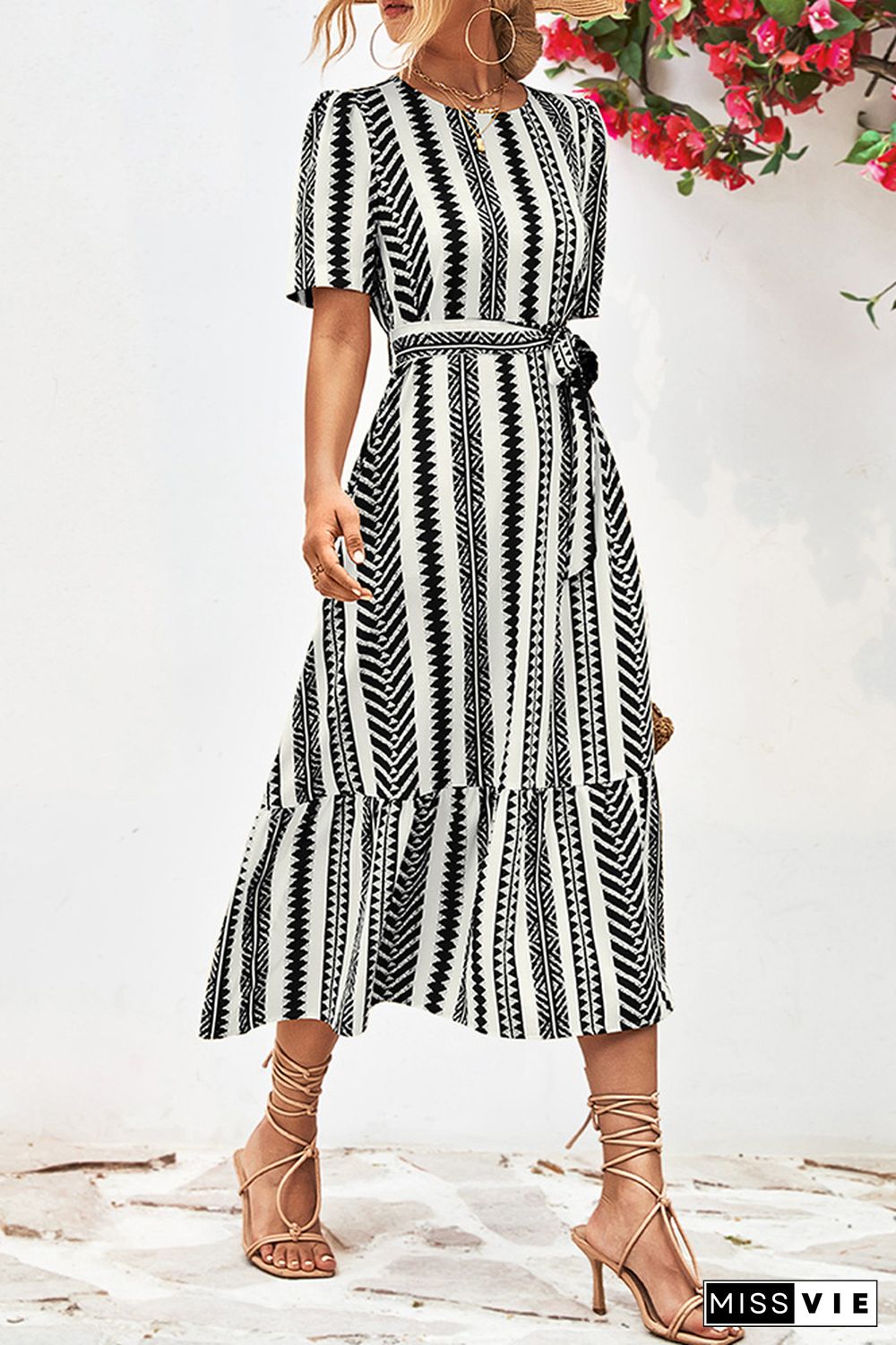 Geometric Striped Maxi Dress With Sash