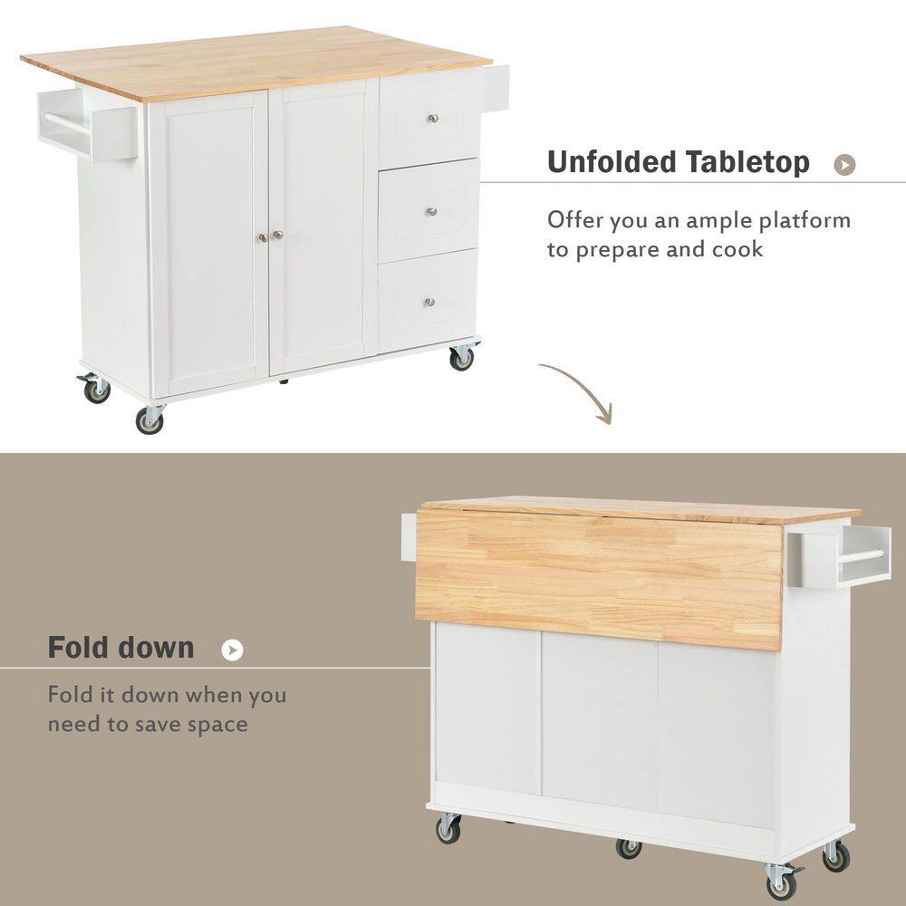 tunuo White Rolling Kitchen Island Cart with Rubber Wood Drop-Leaf Countertop (52 in. W) SFWF-287035W