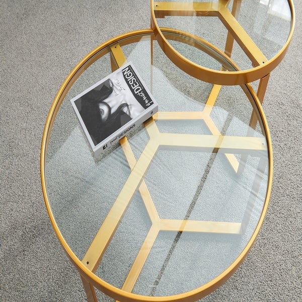 Modern Nesting Coffee Table Golden Metal Frame with Round Tempered Glass Tabletop