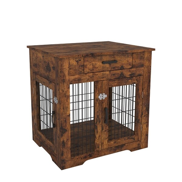 Dog Crate End Table with Drawer， with Double Doors