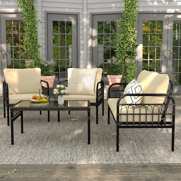 Coswtay 8 Pcs Patio Furniture Set Outdoor Wicker Conversation Bistro Set With Soft Cushions