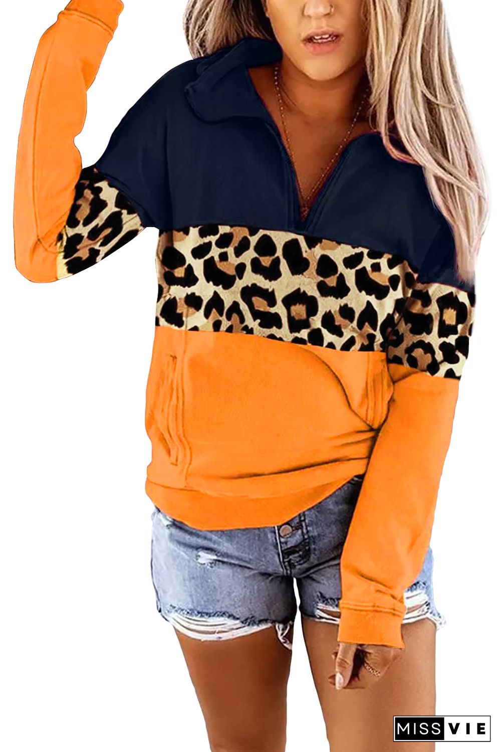 Leopard Color Block Zip Neck Pullover Sweatshirt