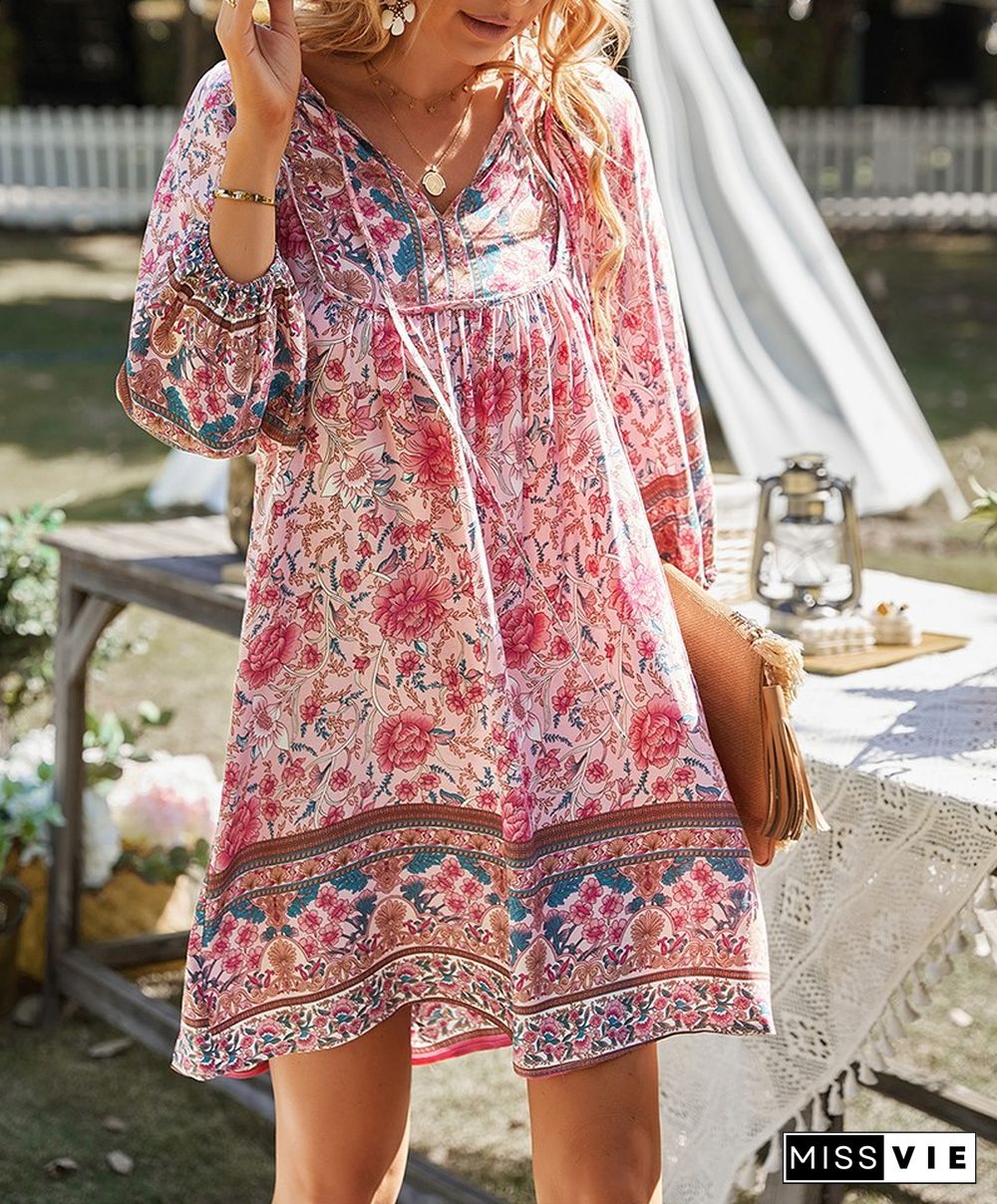 Woman Chiffon Floral-Print Half Sleeve V Neck Elegant Dress