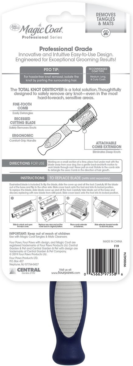 Four Paws Magic Coat Professional Series 3-in-1 Knot Remover Rake and Comb for Dogs and Cats， Blue