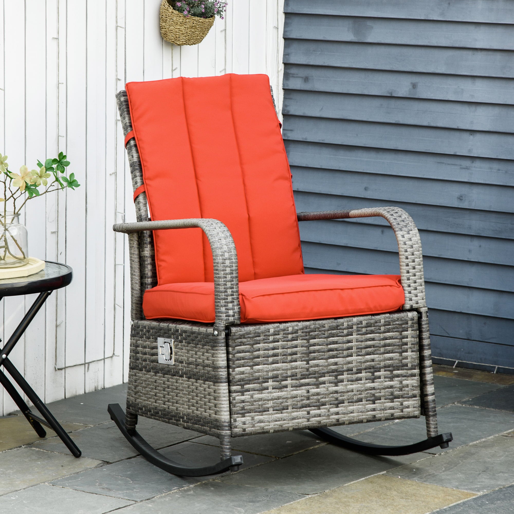 Outsunny Outdoor Rattan Wicker Rocking Chair Patio Recliner with Soft Cushion