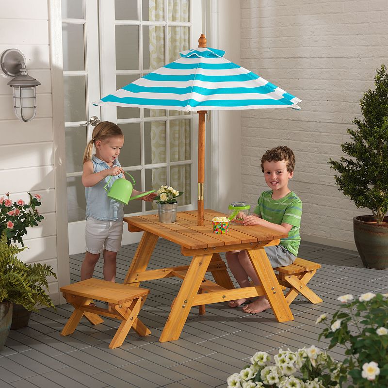 KidKraft Outdoor Table and Bench Set with Umbrella - Turquoise and White