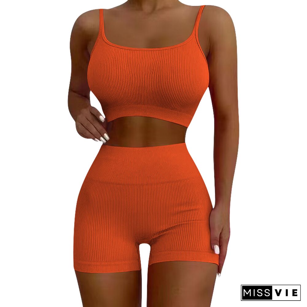 Workout Spaghetti Strap Crop Tops Biker Shorts Set