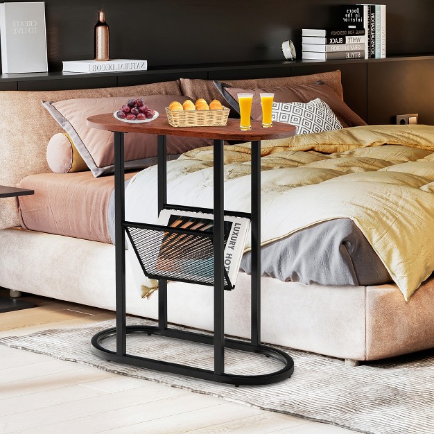 Costway 2 tier Side Table Oval Narrow End Table Nightstand Bedside Table Brown