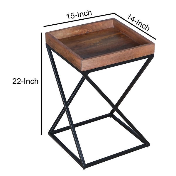 22 Inch Industrial End Side Table with Mango Wood Tray Top， X Shape Iron Frame， Brown， Black