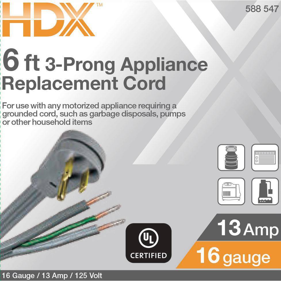 HDX 6 ft. 163 13 Amp 3-Prong Appliance Replacement Cord Grey HD#588-547