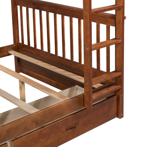 Wood Full Over Full Bunk Bed with Two Storage Drawers and Ladders for Kids Adults,Walnut