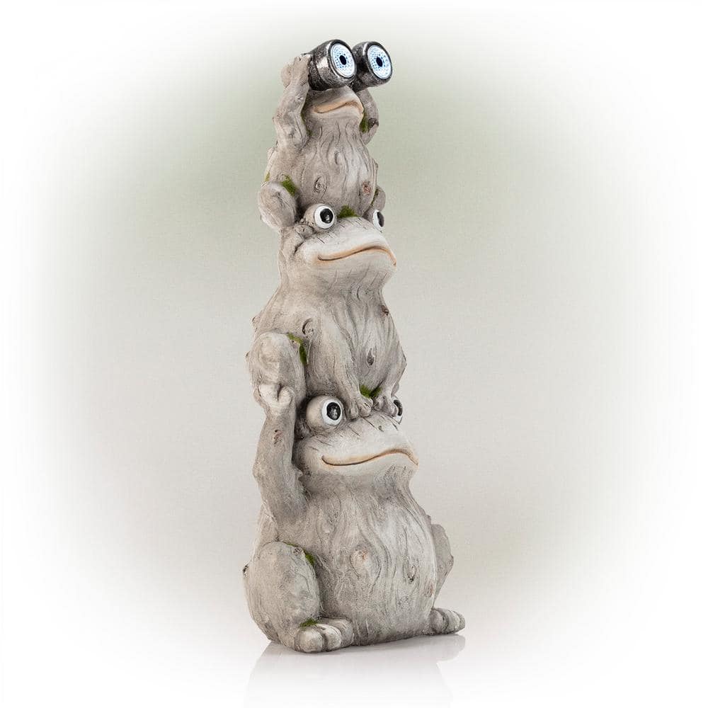 Alpine Corporation 23 in. Tall Outdoor Solar Powered Stacked Frog Family Statue with LED Lights QWR848SLR