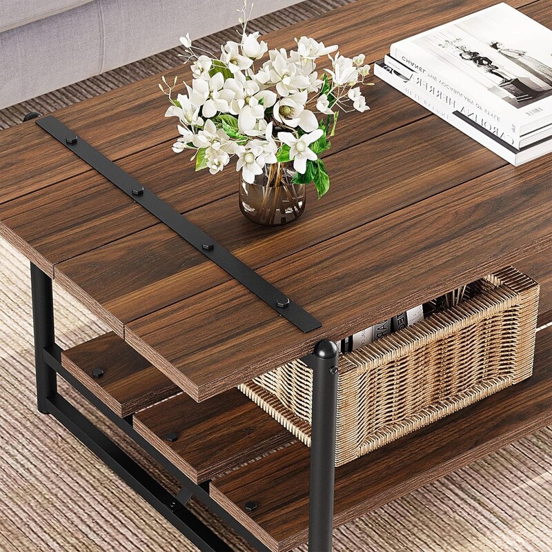 2 Tier Modern Industrial 41'' Large Wooden Coffee Table with Storage Shelf