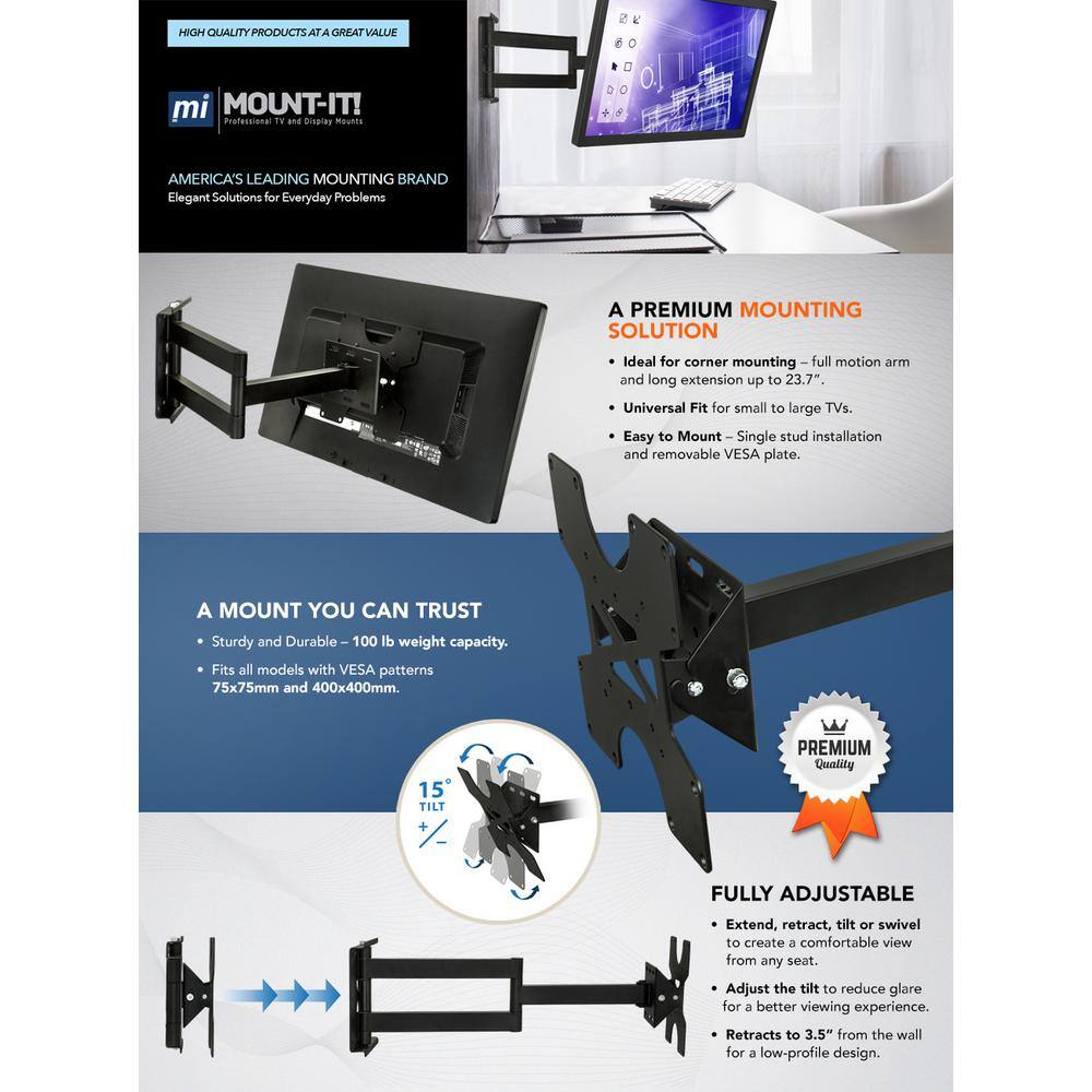 mount-it! Dual Bar Full Motion TV Wall Mount for 32 in. to 55 in. Screen Size MI-411L