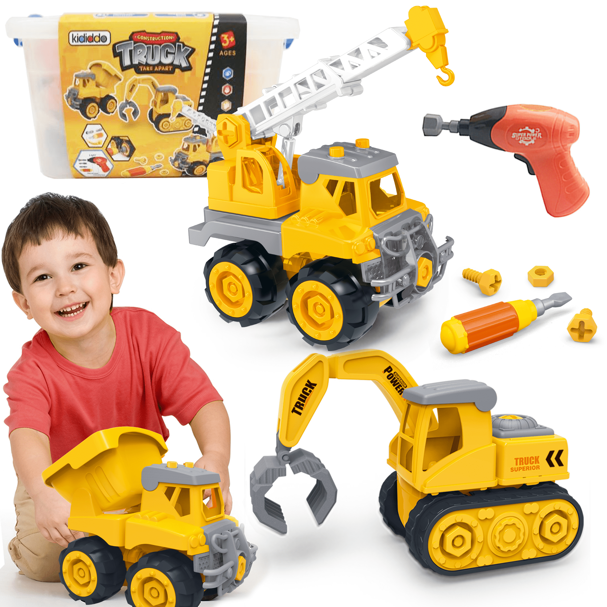 Take Apart Truck Toys for Boys and Girls， Set of 3 Construction Vehicles for Kids， Build a Dump Truck， Excavator and Crane， Take a Part Truck Toy with Drill and Tools for Toddlers 2-5 Years Old