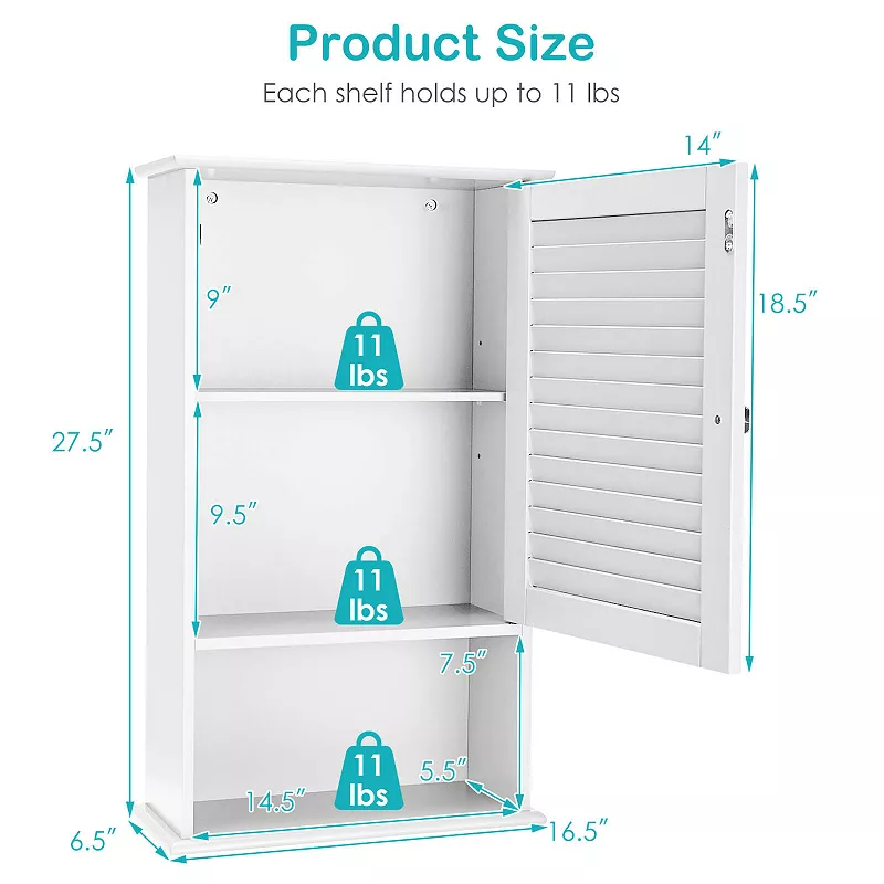 Bathroom Wall Mount Storage Cabinet Single Door with Height Adjustable Shelf