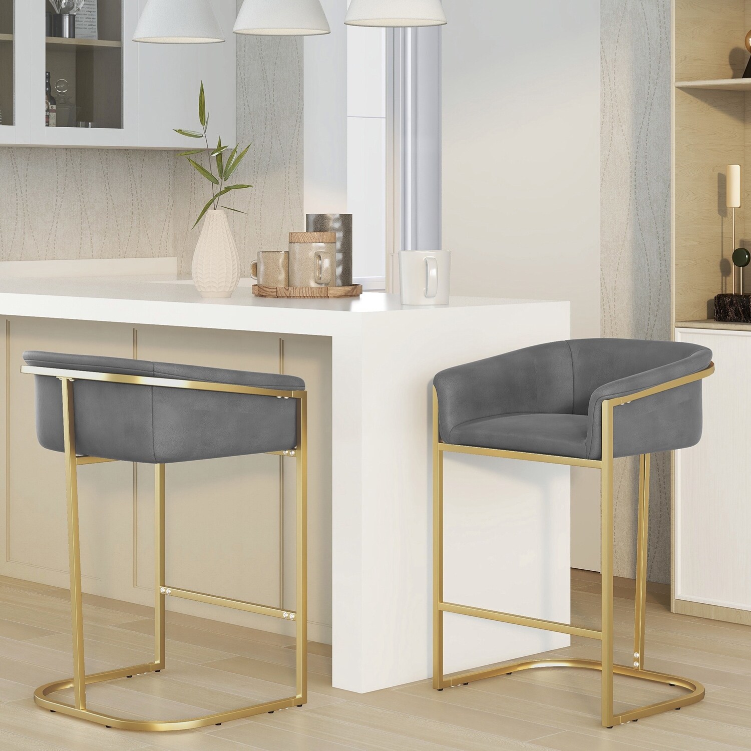 2pcs Modern Velvet Upholstered Counter Height Arm Bar Stools