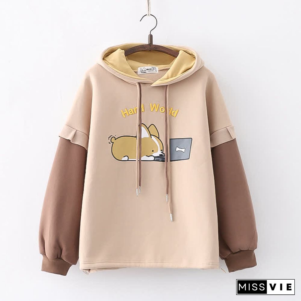 Cartoon Puppy Letter Embroidery Colorblock Plush Hoodie