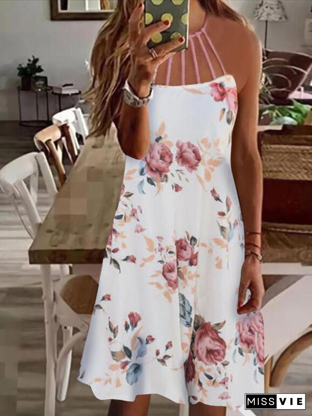 Romantic Floral Printed Hollow Out Cotton Blends Loosen Midi Dresses