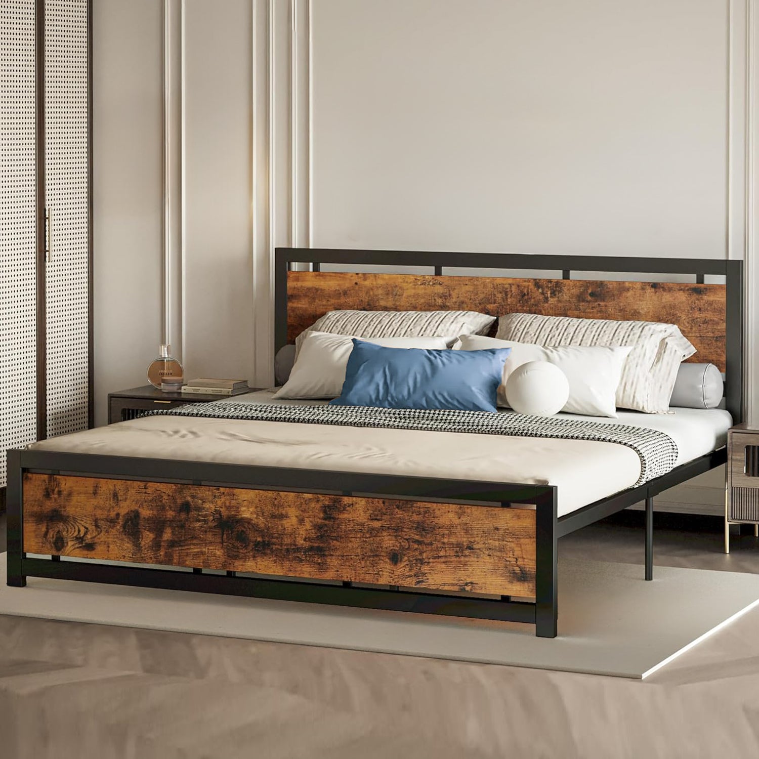 California King Bed Frame with Headboard, Industrial Style, No Box Spring Required