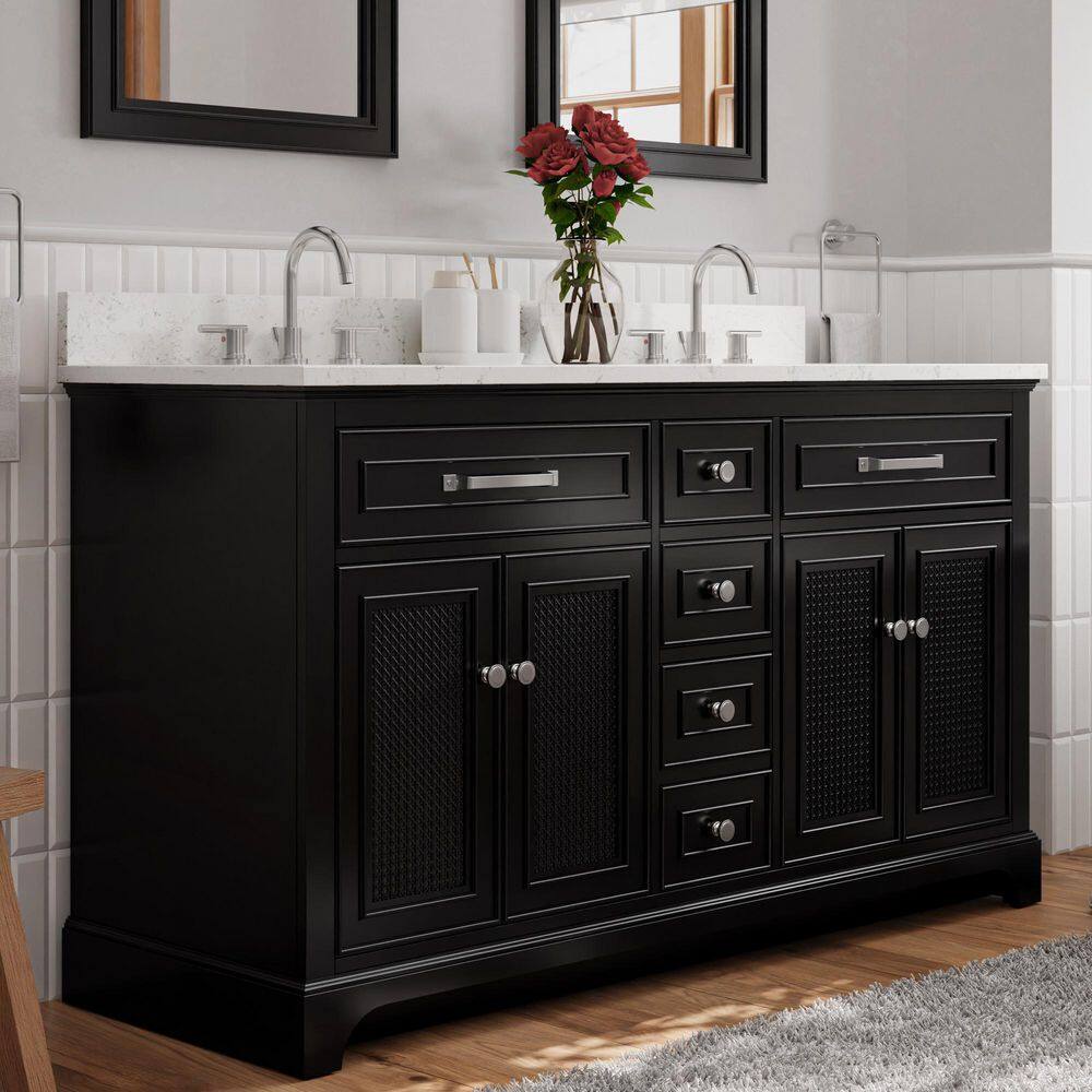 Home Decorators Collection Gillinger 60 in. W x 22 in. D x 35 in. H Double Sink Bath Vanity in Black Rattan with Engineered Carrara Top and Sink 1906VA60-312925